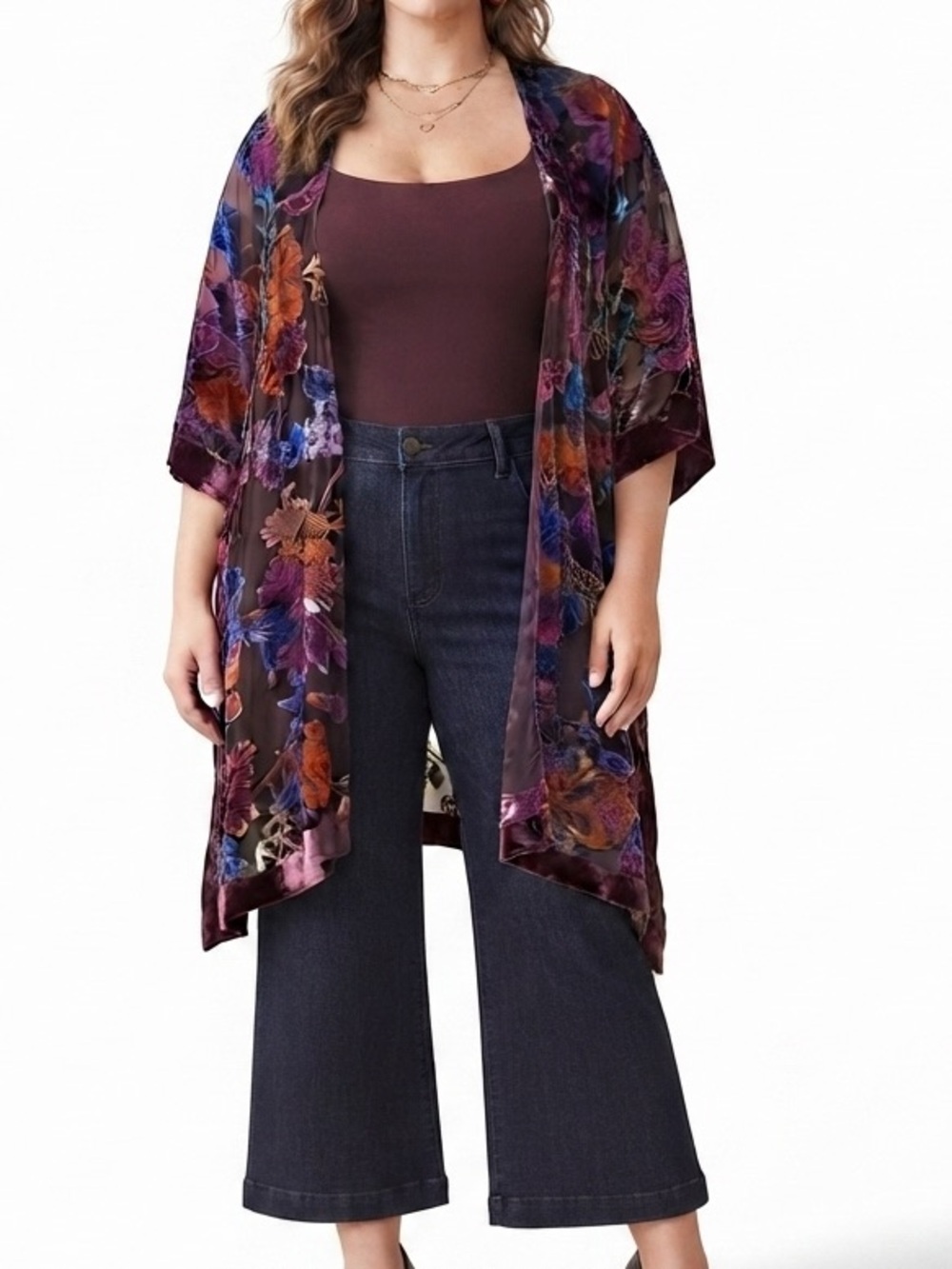 Torrid Burnout Velvet Kimono Cardigan Open Side Slits Burgundy Wine Size 1X